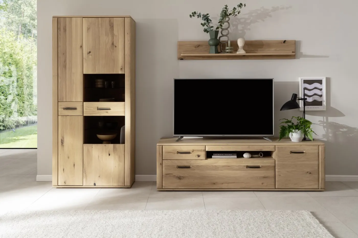 Wohnkombination Alento 2 | Asteiche / Balkeneiche | 3-teilig | Beleuchtung Wandboard