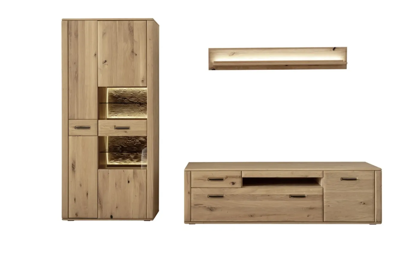 Wohnkombination Alento 2 | Asteiche / Balkeneiche | 3-teilig | Beleuchtung Wandboard