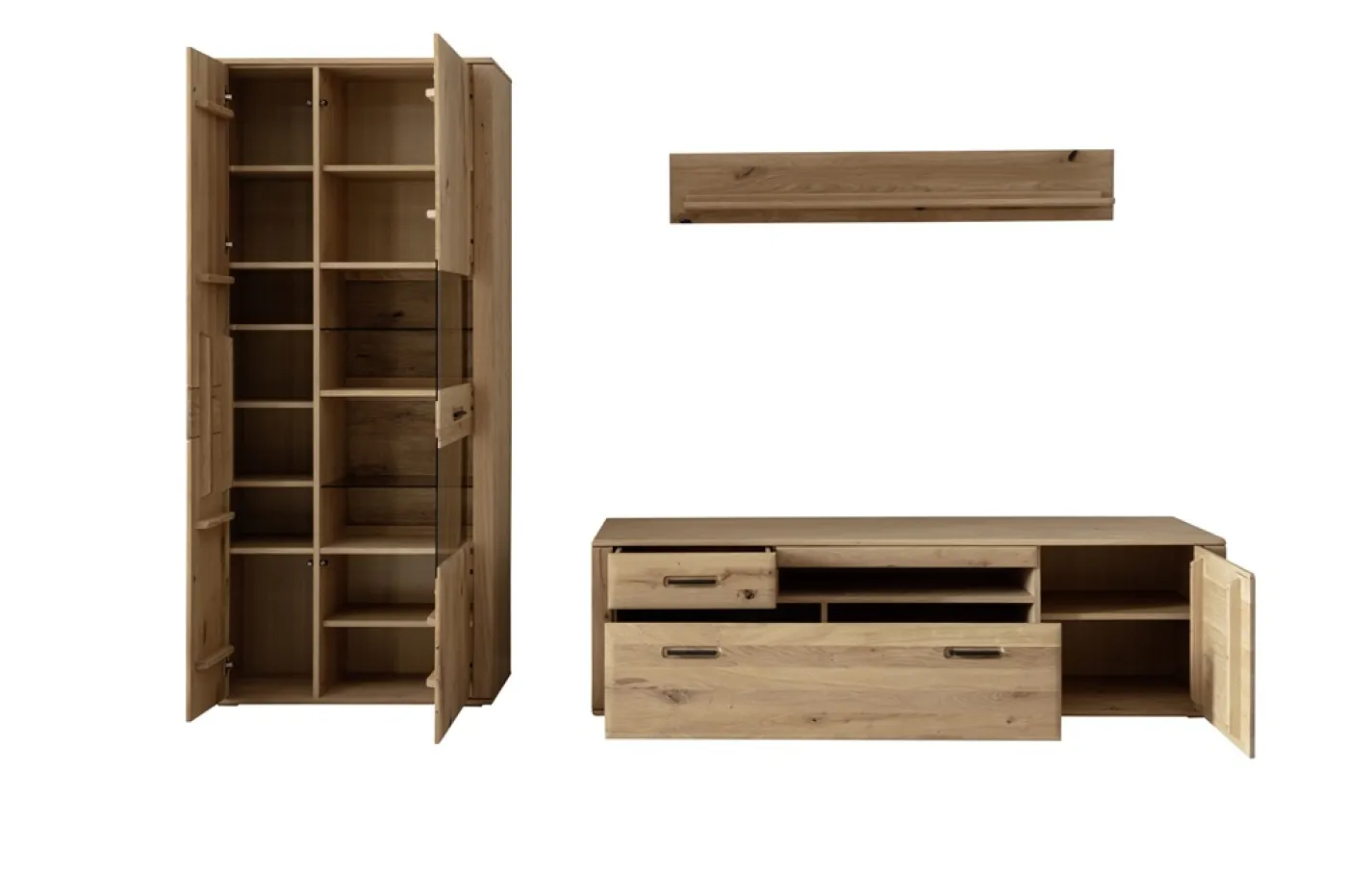 Wohnkombination Alento 2 | Asteiche / Balkeneiche | 3-teilig | Beleuchtung Wandboard