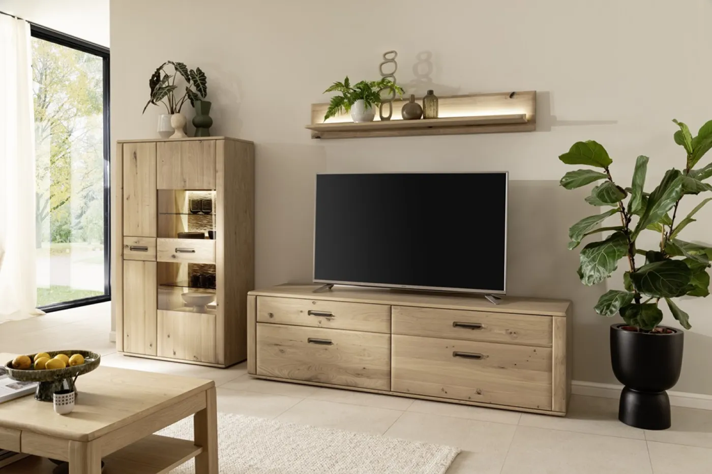 Wohnkombination Alento 3 | Asteiche / Balkeneiche | 3-teilig | Beleuchtung Wandboard