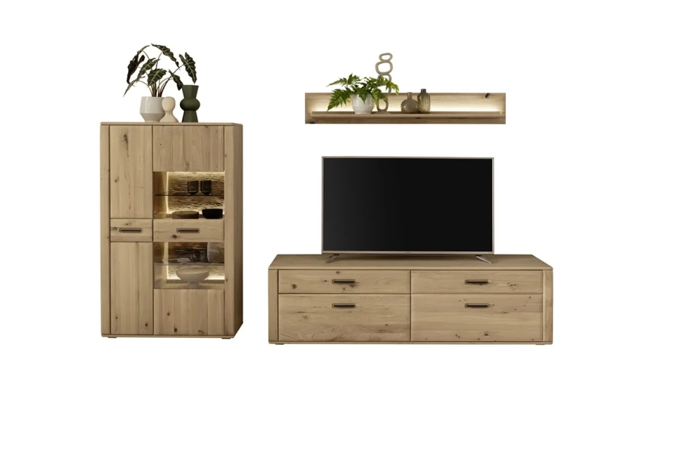 Wohnkombination Alento 3 | Asteiche / Balkeneiche | 3-teilig | Beleuchtung Wandboard