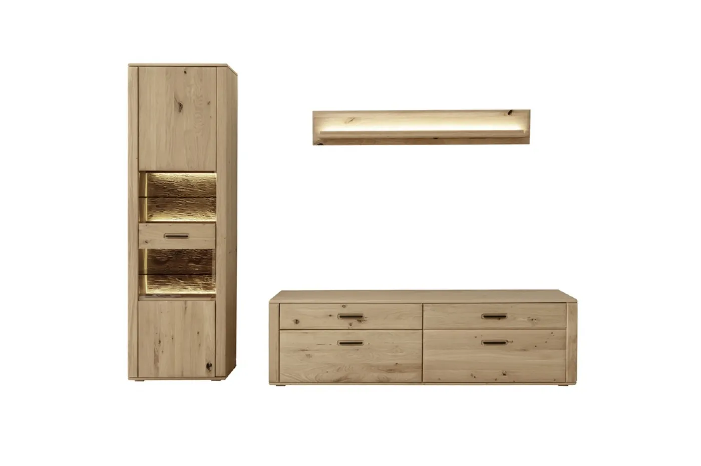 Wohnkombination Alento | Asteiche / Balkeneiche | 3-teilig | Beleuchtung Vitrine