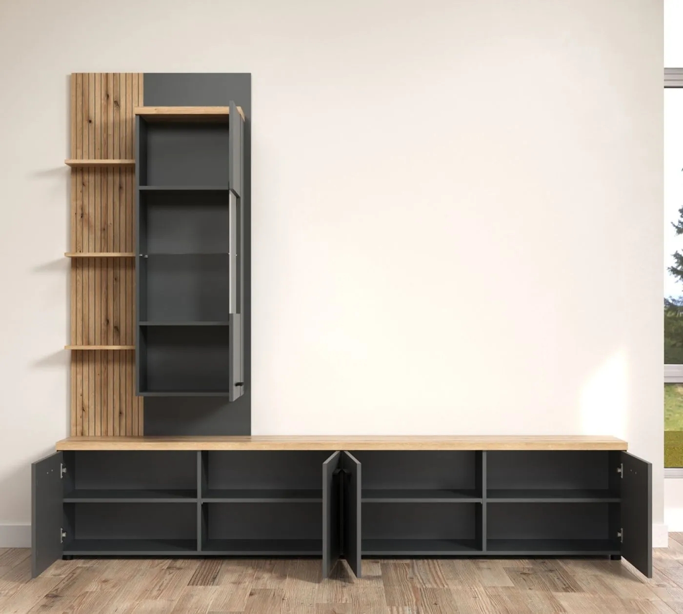 Wohnkombination Baggio | 3-teilig | Anthrazit / Coast Evoke Oak