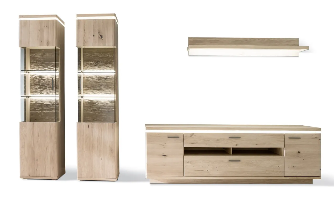 Wohnkombination Barcelona 2 | Balkeneiche Bianco / Eiche Bianco | 4-teilig | inkl. LED Beleuchtung