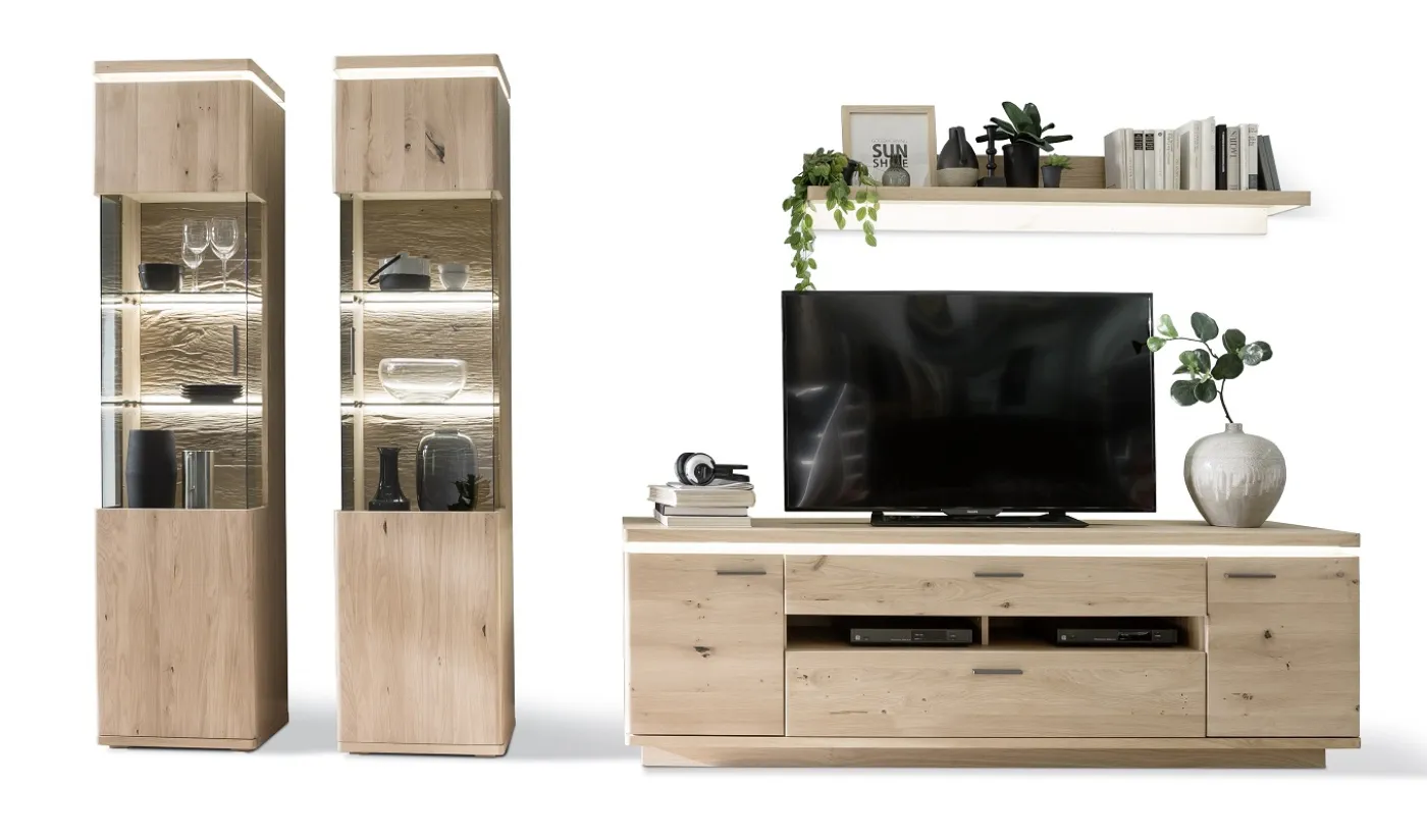 Wohnkombination Barcelona 2 | Balkeneiche Bianco / Eiche Bianco | 4-teilig | inkl. LED Beleuchtung