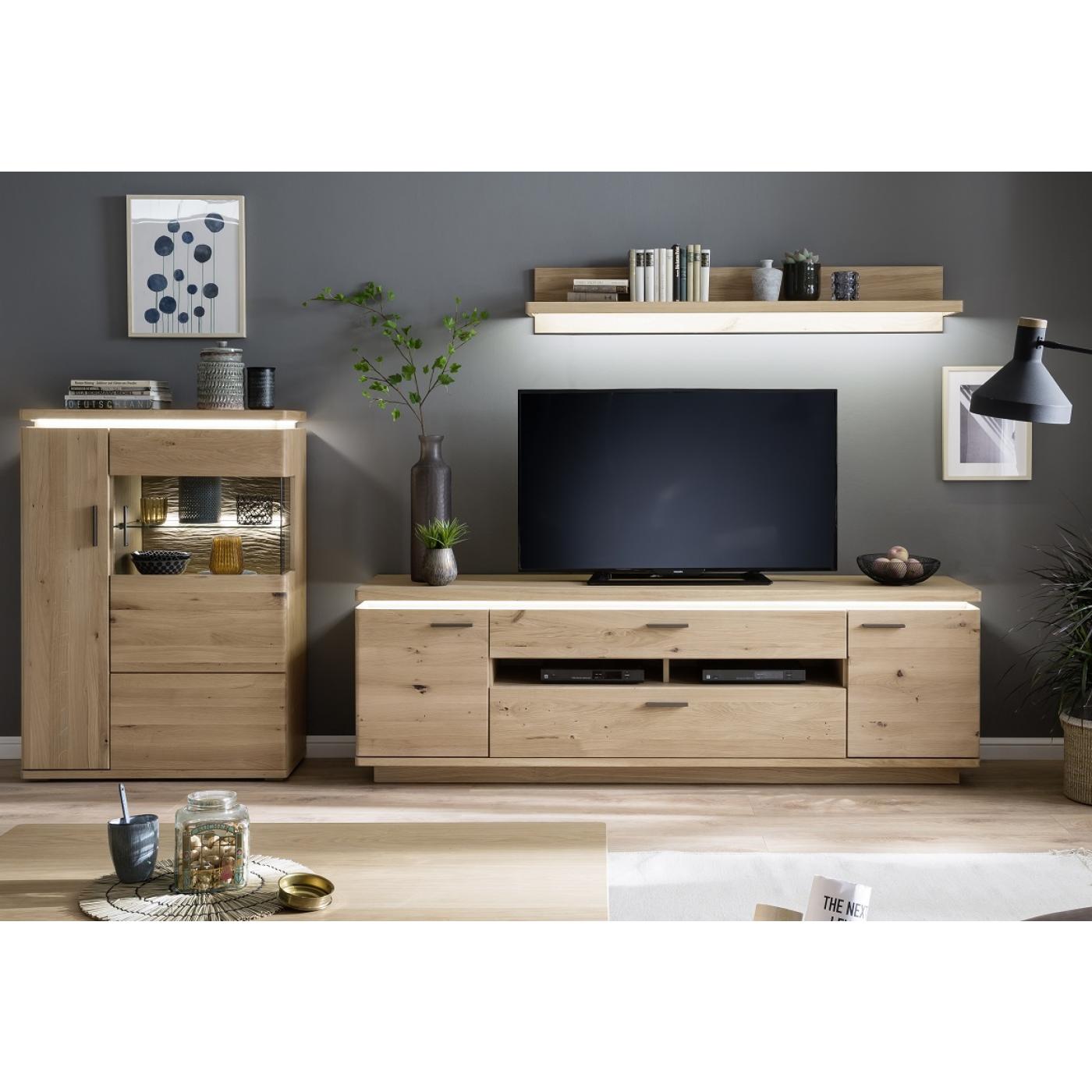 Wohnkombination Barcelona 3 | Balkeneiche Bianco / Eiche Bianco | 3-teilig | inkl. LED Beleuchtung