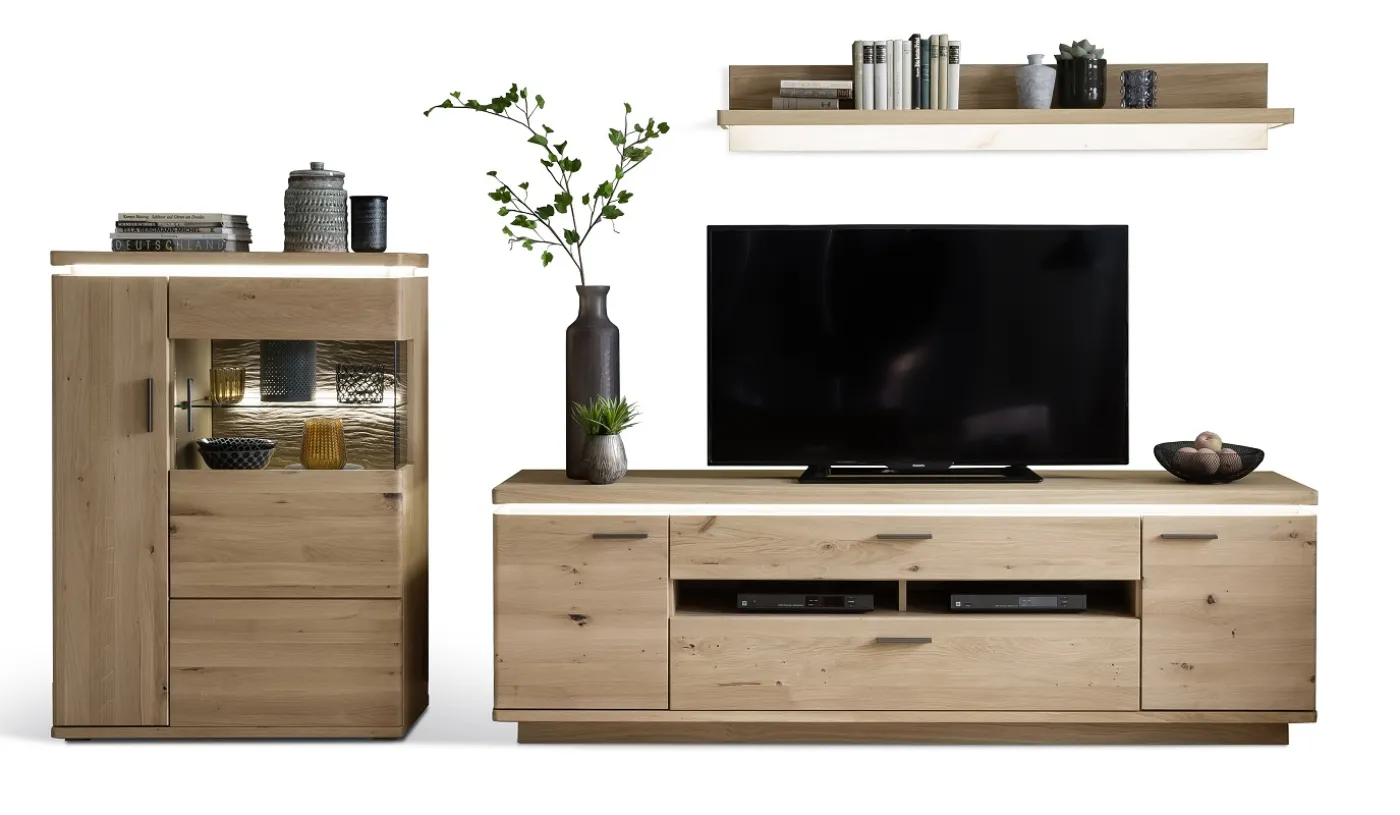 Wohnkombination Barcelona 3 | Balkeneiche Bianco / Eiche Bianco | 3-teilig | inkl. LED Beleuchtung