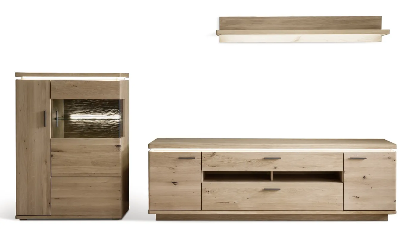 Wohnkombination Barcelona 3 | Balkeneiche Bianco / Eiche Bianco | 3-teilig | inkl. LED Beleuchtung Wandboard ohne Beleuchtung Highboard ohne Beleuchtung