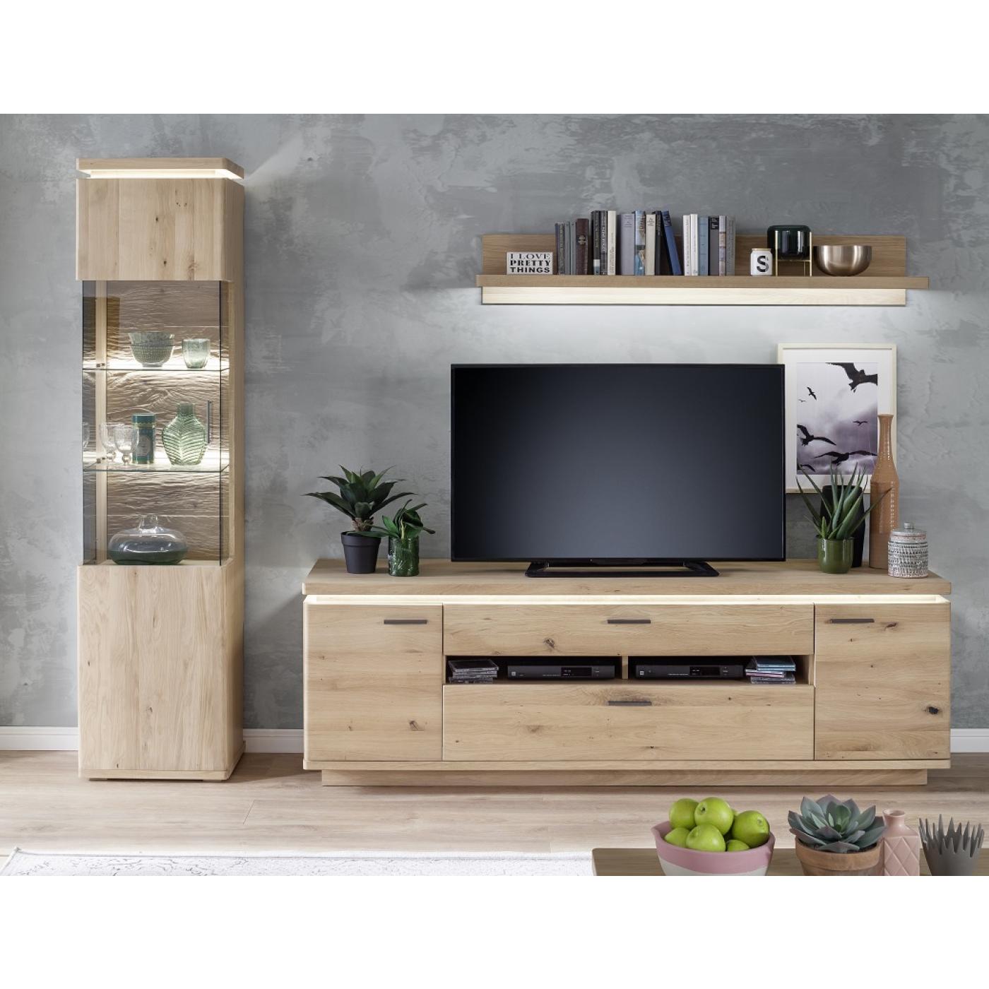 Wohnkombination Barcelona 4 | Balkeneiche Bianco / Eiche Bianco | 3-teilig | inkl. LED Beleuchtung