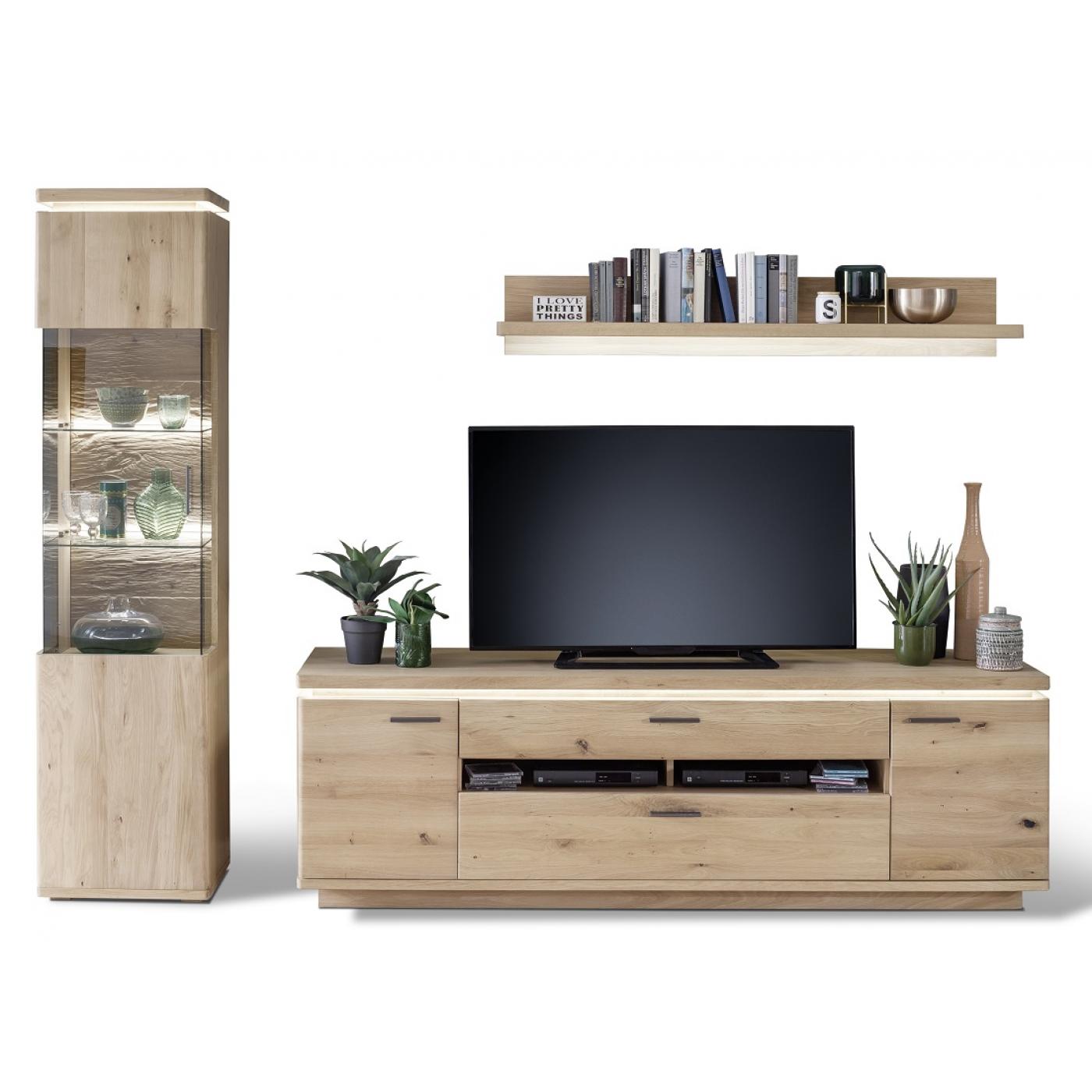 Wohnkombination Barcelona 4 | Balkeneiche Bianco / Eiche Bianco | 3-teilig | inkl. LED Beleuchtung