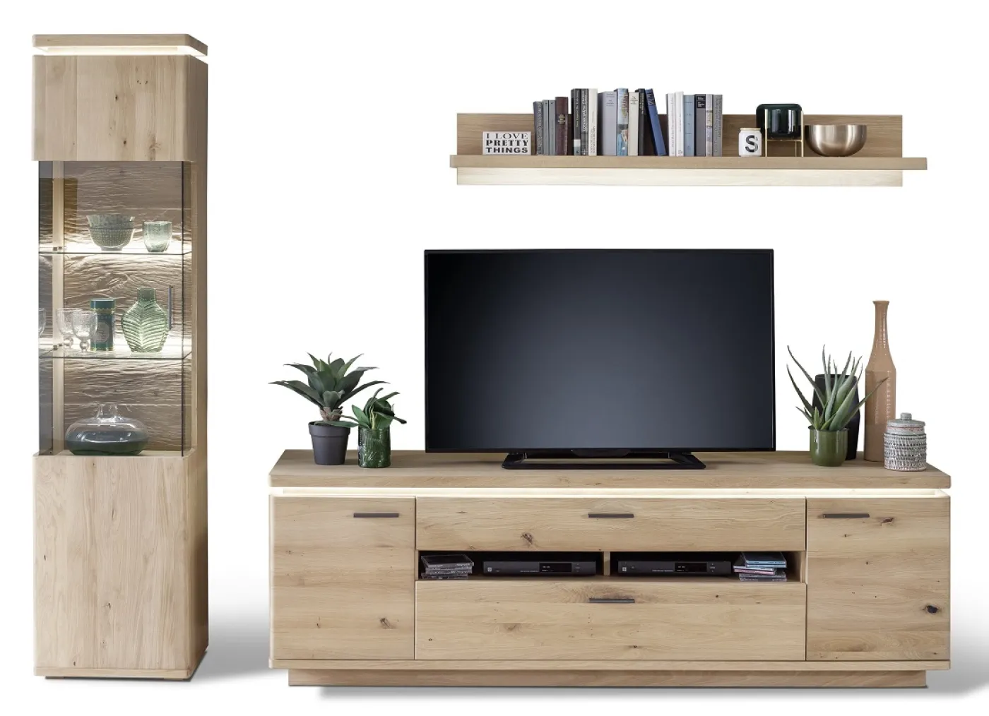 Wohnkombination Barcelona 4 | Balkeneiche Bianco / Eiche Bianco | 3-teilig | inkl. LED Beleuchtung Wandboard ohne Beleuchtung Vitrine ohne Beleuchtung