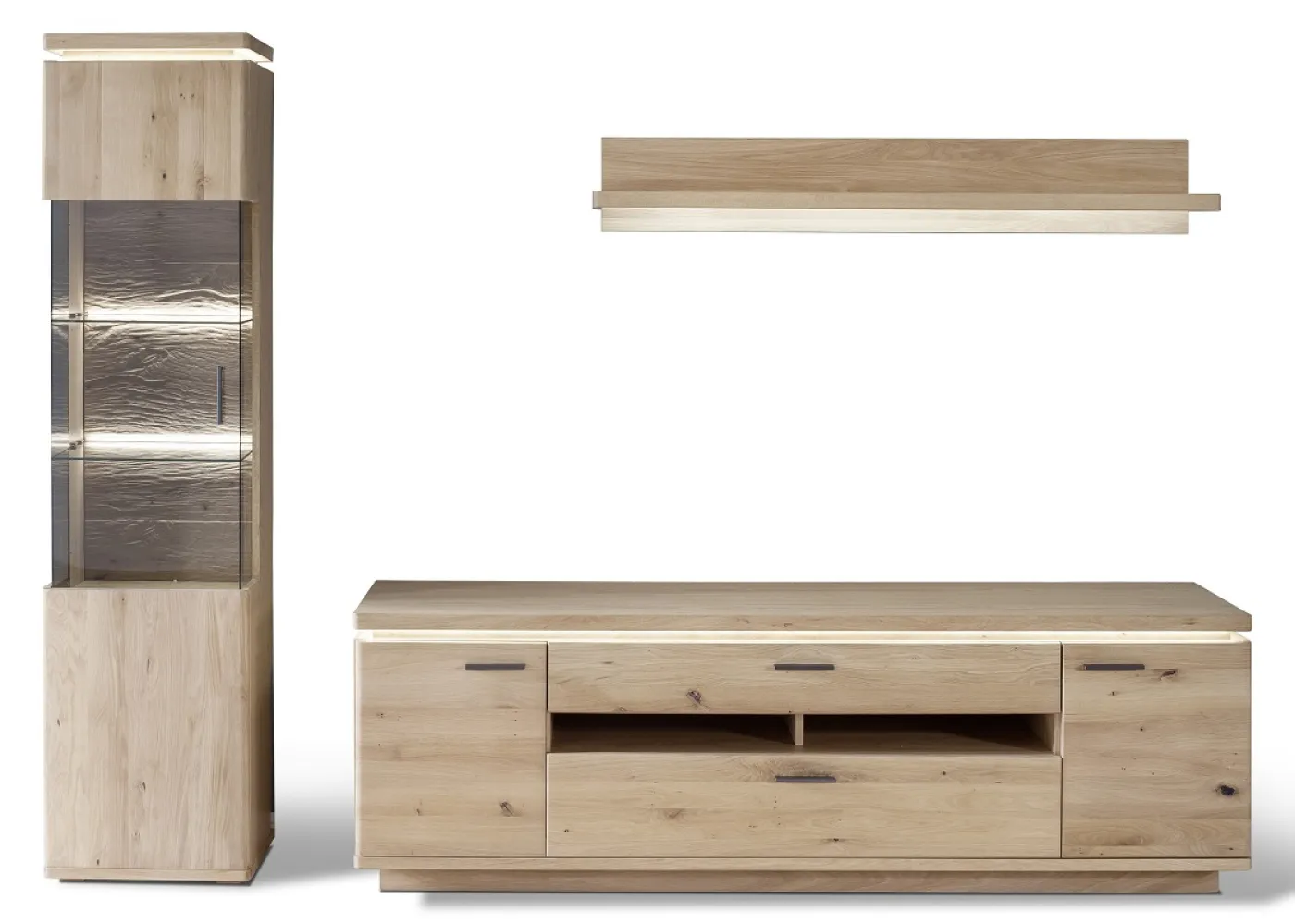 Wohnkombination Barcelona 4 | Balkeneiche Bianco / Eiche Bianco | 3-teilig | inkl. LED Beleuchtung Wandboard ohne Beleuchtung Vitrine ohne Beleuchtung
