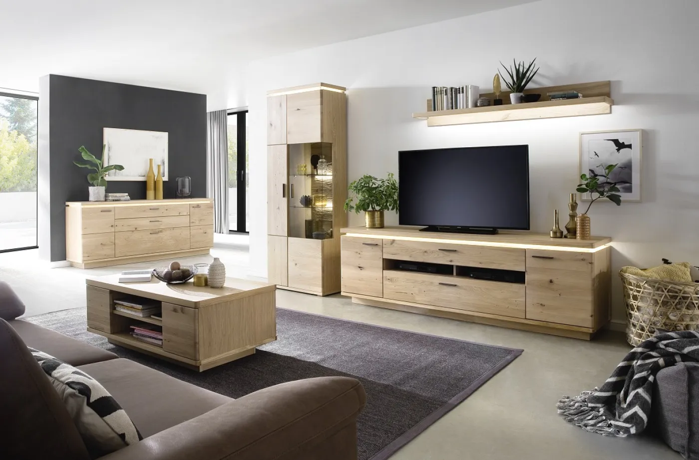 Wohnkombination Barcelona | Balkeneiche Bianco / Eiche Bianco | 3-teilig | inkl. LED Beleuchtung