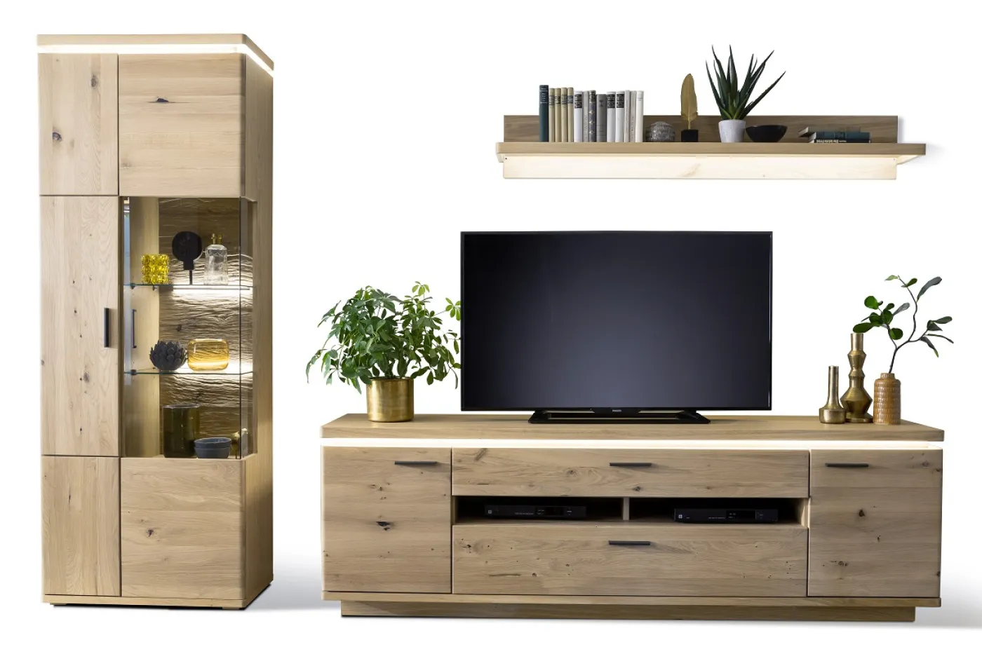 Wohnkombination Barcelona | Balkeneiche Bianco / Eiche Bianco | 3-teilig | inkl. LED Beleuchtung