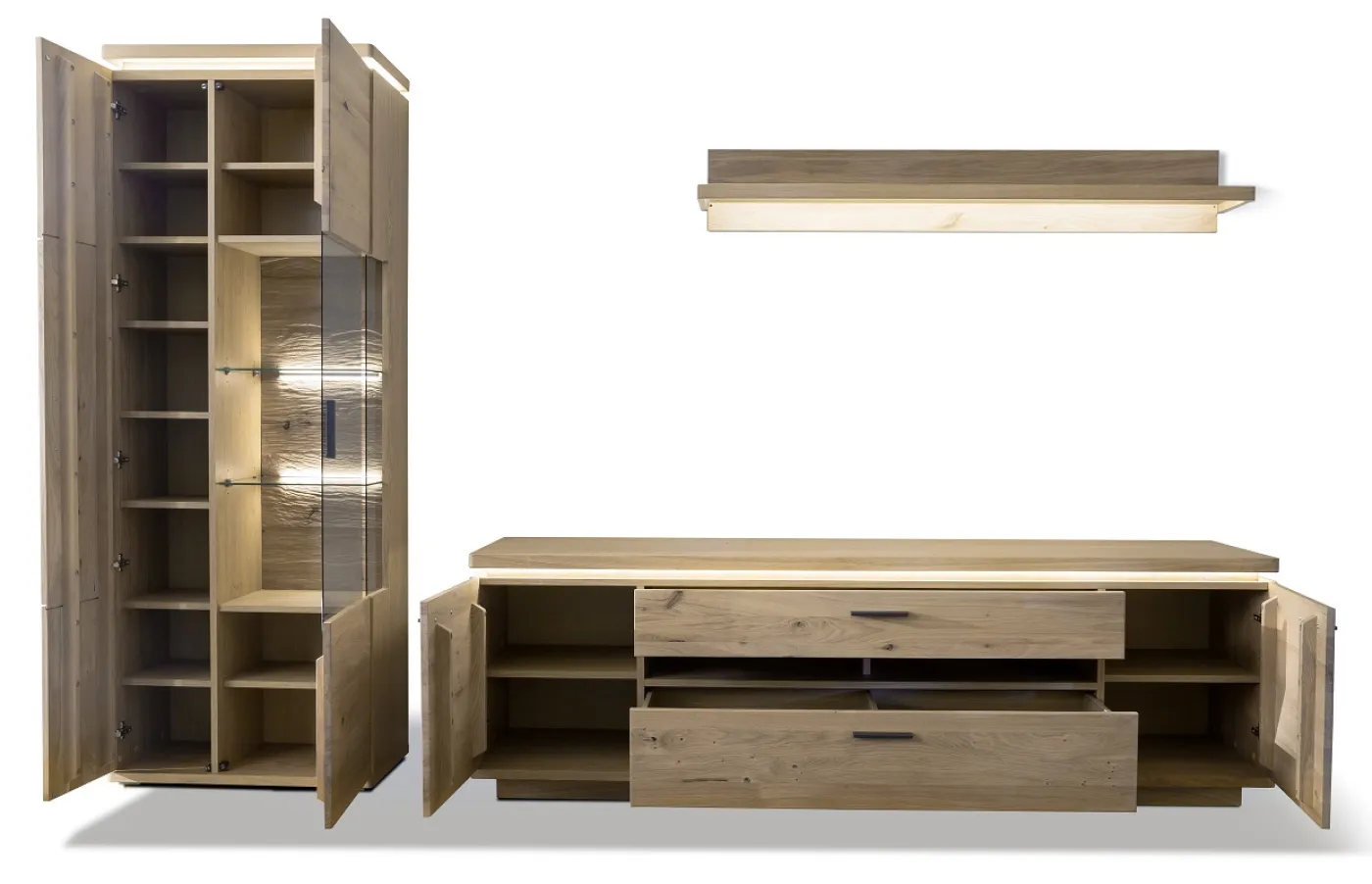 Wohnkombination Barcelona | Balkeneiche Bianco / Eiche Bianco | 3-teilig | inkl. LED Beleuchtung