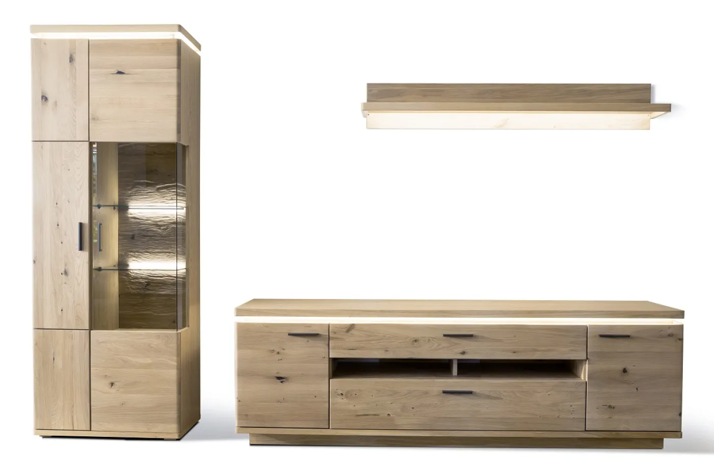 Wohnkombination Barcelona | Balkeneiche Bianco / Eiche Bianco | 3-teilig | inkl. LED Beleuchtung