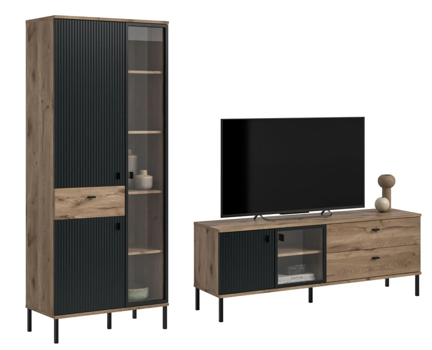 Wohnkombination Chess | 2-teilig | Nox Oak / schwarz mit LED Beleuchtung