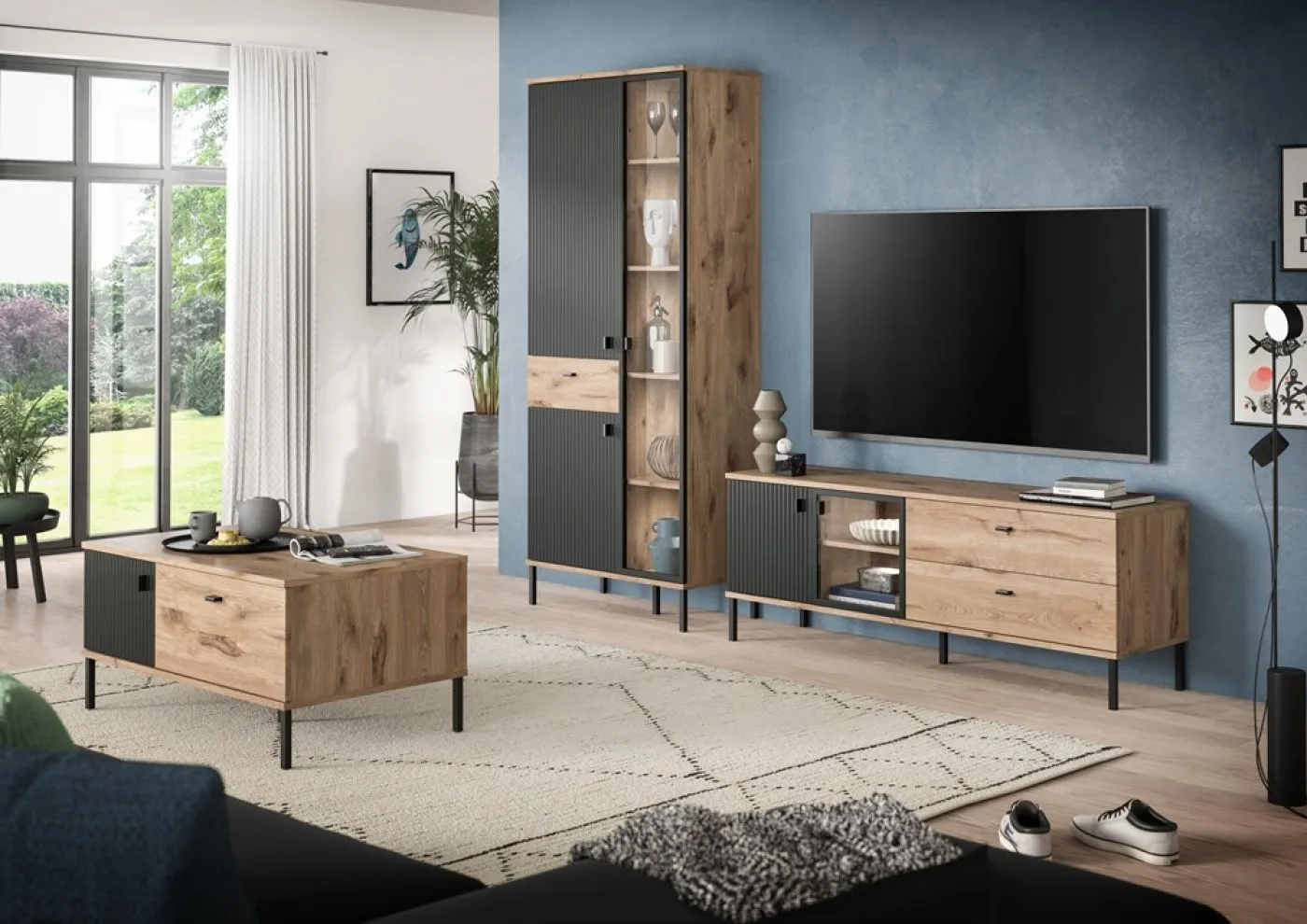 Wohnkombination Chess | 2-teilig | Nox Oak / schwarz mit LED Beleuchtung