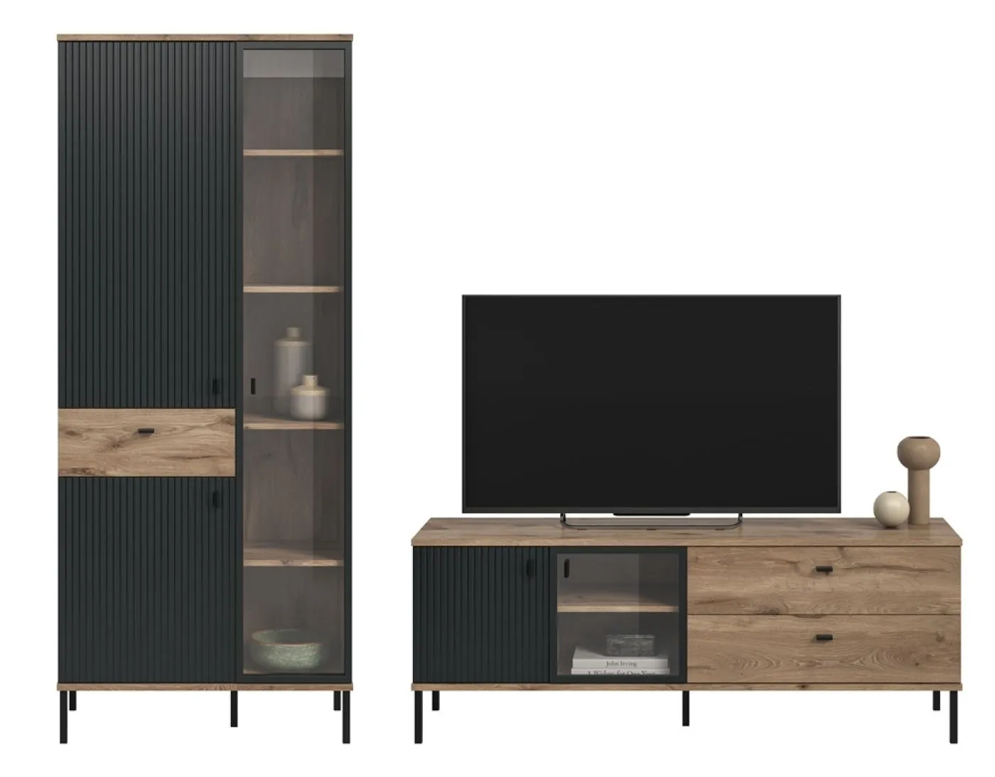 Wohnkombination Chess | 2-teilig | Nox Oak / schwarz mit LED Beleuchtung