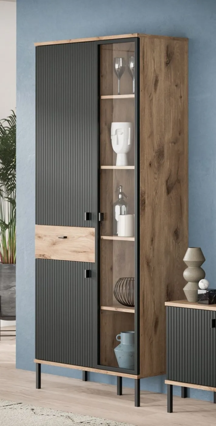 Wohnkombination Chess | 2-teilig | Nox Oak / schwarz mit LED Beleuchtung