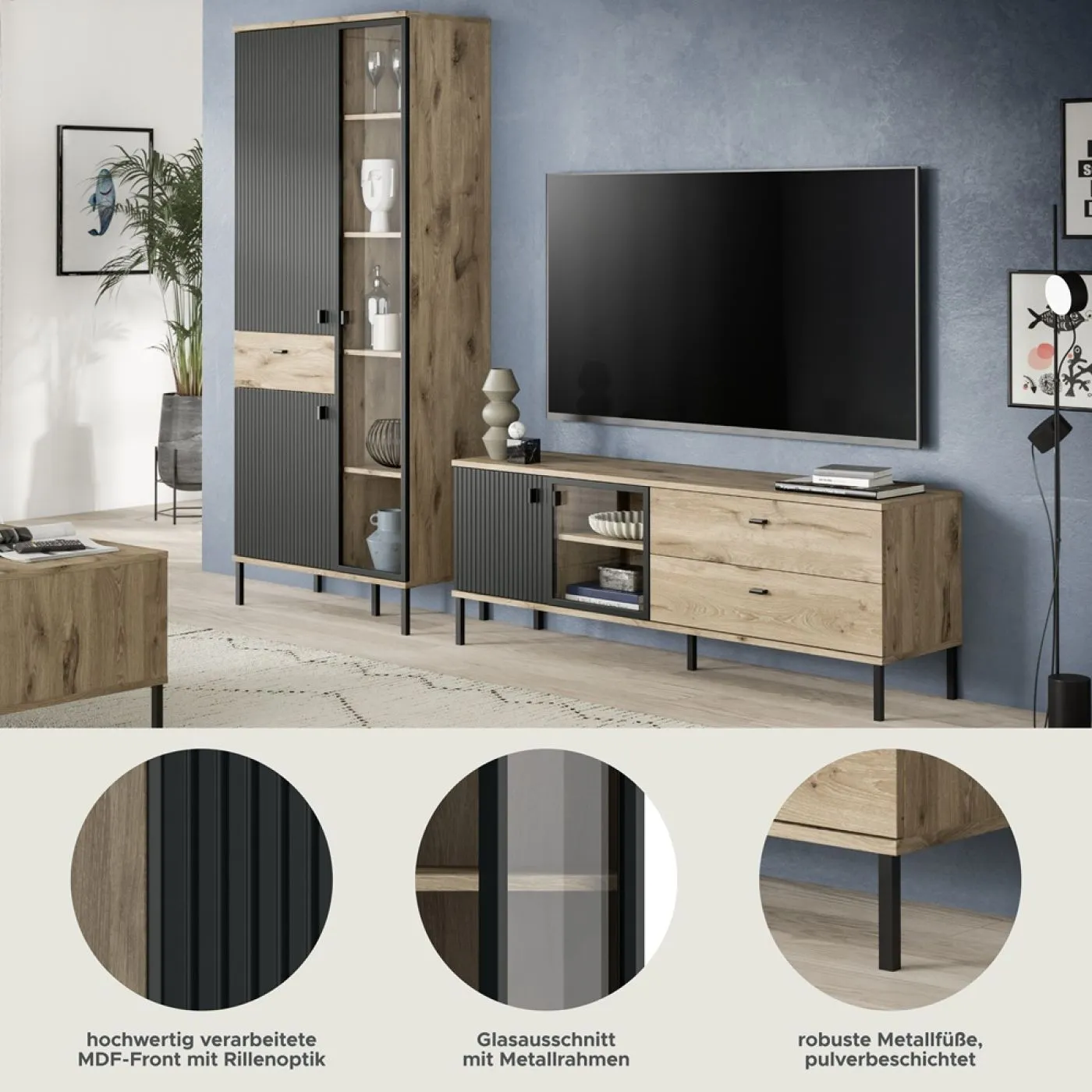 Wohnkombination Chess | 2-teilig | Nox Oak / schwarz mit LED Beleuchtung