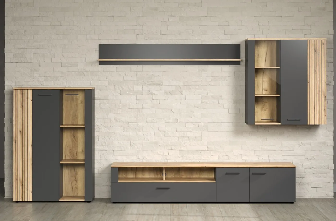 Wohnkombination Esteban | Anthrazit / Coast Evoke Oak | 4-teilig 3er Set LED Unterbauspot