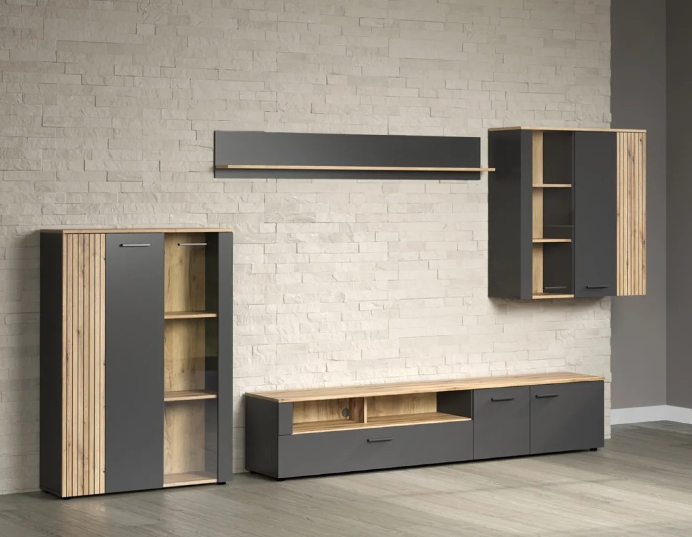 Wohnkombination Esteban | Anthrazit / Coast Evoke Oak | 4-teilig Komplettset