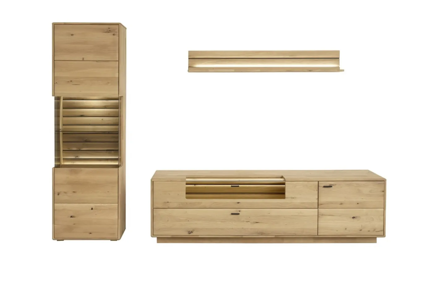 Wohnkombination Girona | Ast / Balkeneiche | 3-teilig | mit Beleuchtung für Vitrine & Wandboard