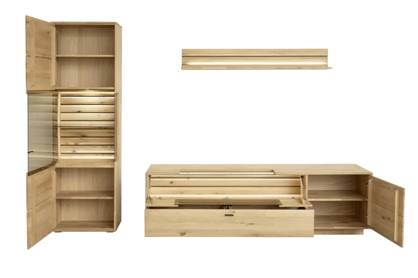 Wohnkombination Girona | Ast / Balkeneiche | 3-teilig | mit Beleuchtung für Vitrine & Wandboard