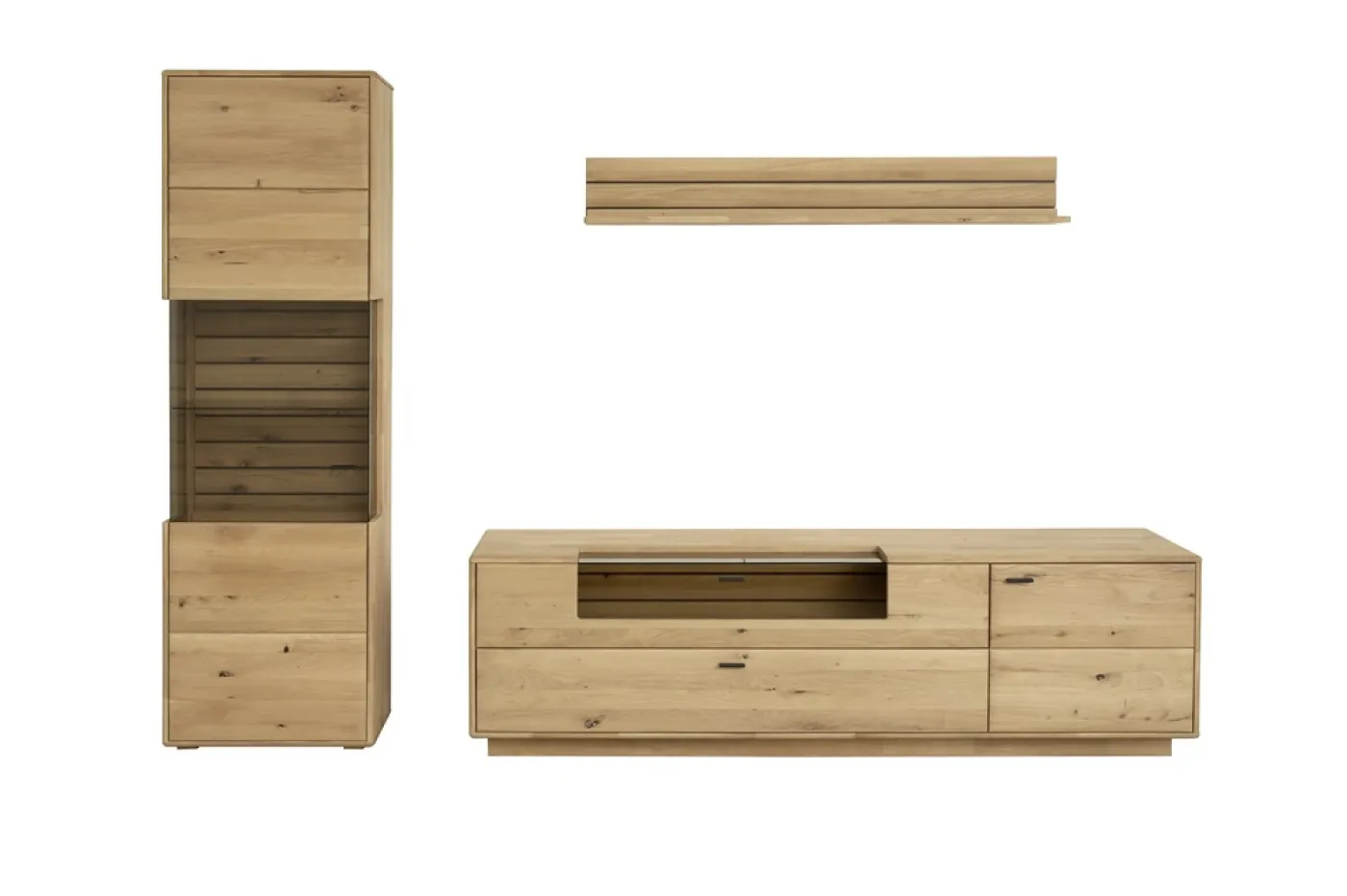 Wohnkombination Girona | Ast / Balkeneiche | 3-teilig | mit Beleuchtung für Vitrine & Wandboard