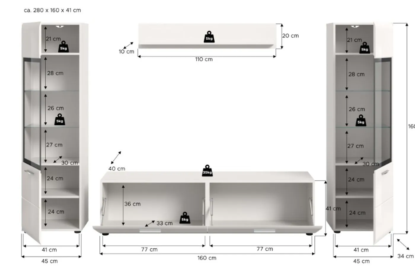 Wohnkombination Ice 3, 4-teilig, weiß, schwarz, im Wohnzimmer, mit offenen Fachböden und geschlossenen Schubkästen – Ansicht 6