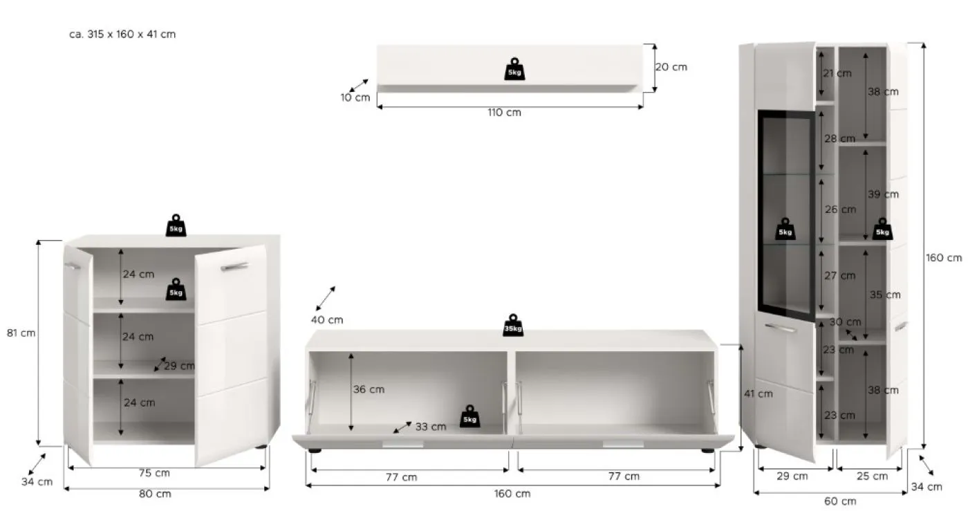 Wohnkombination Ice | 4-teilig | weiß / schwarz
