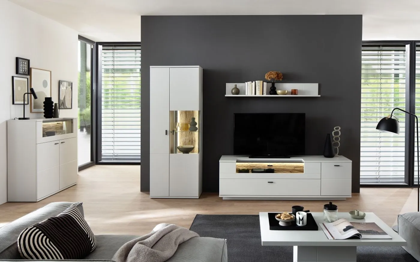 Wohnkombination Lissabon 2 | Modern White | 3-teilig | Beleuchtung Komplettset