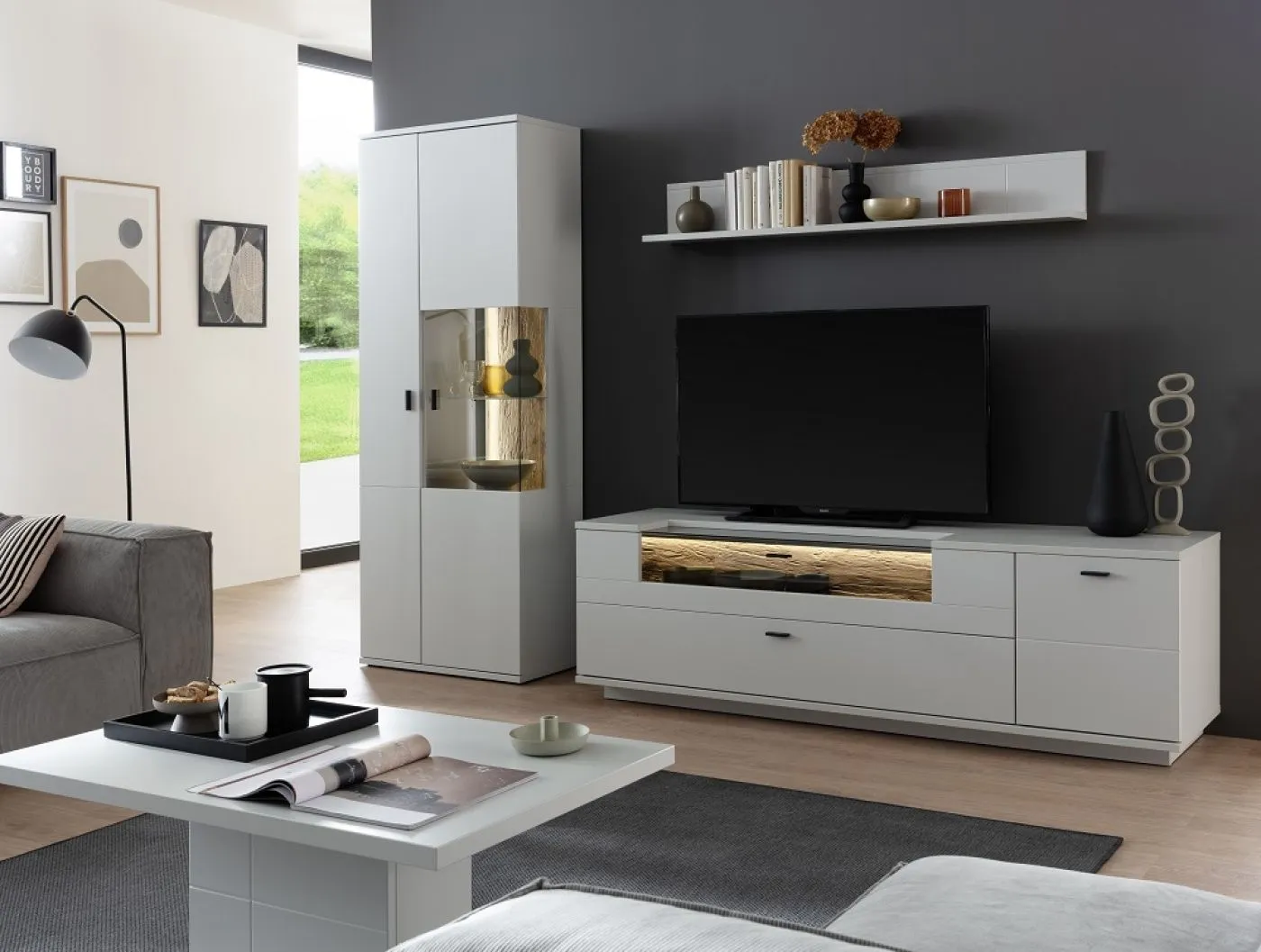 Wohnkombination Lissabon 2 | Modern White | 3-teilig | Beleuchtung Komplettset