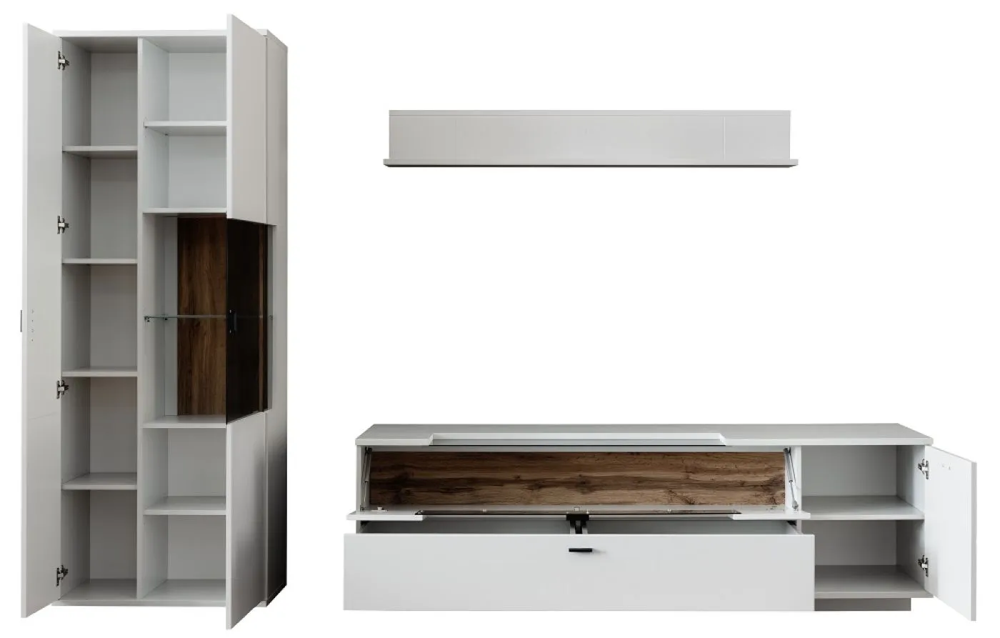 Wohnkombination Lissabon 2 | Modern White | 3-teilig | Kombi-Vitrine mit Bandbeleuchtung