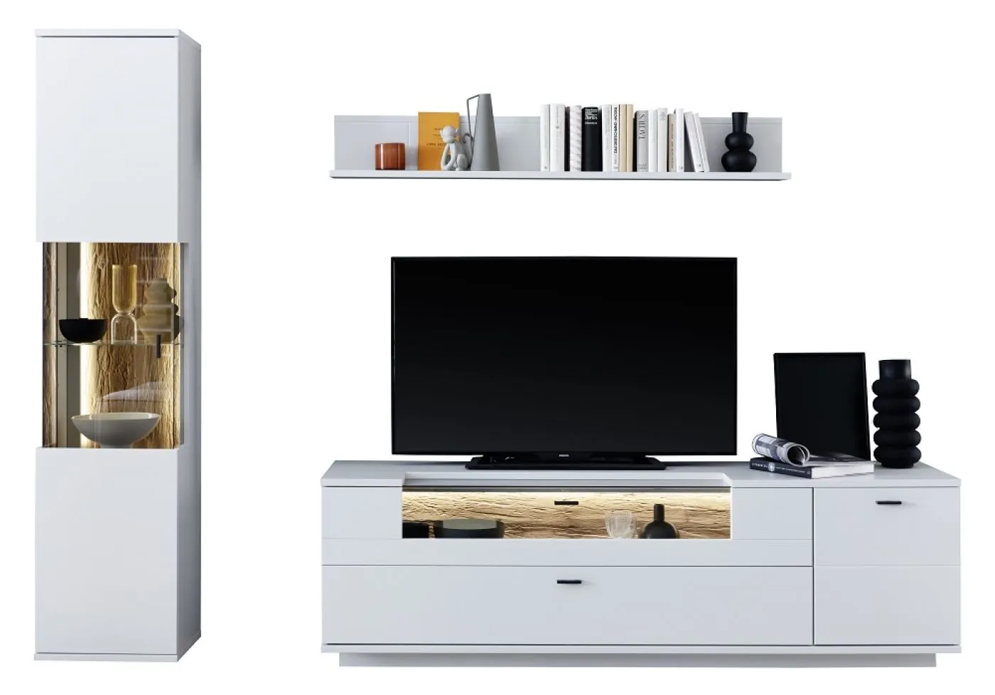 Wohnkombination Lissabon | Modern White | 3-teilig | Beleuchtung Komplettset