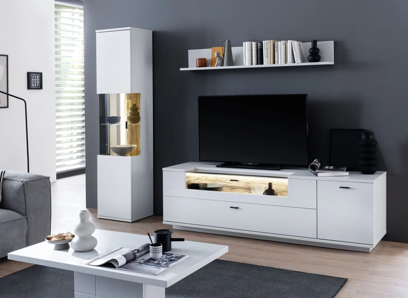 Wohnkombination Lissabon | Modern White | 3-teilig | TV-Board mit Bandbeleuchtung