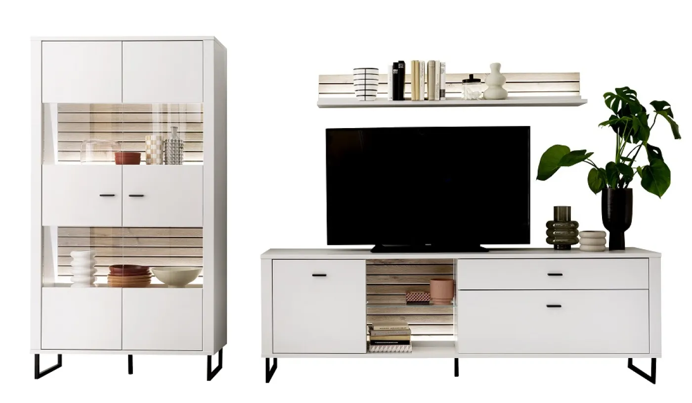 Wohnkombination Louisiana 2 | Modern White | 3-teilig | Beleuchtung Komplettset