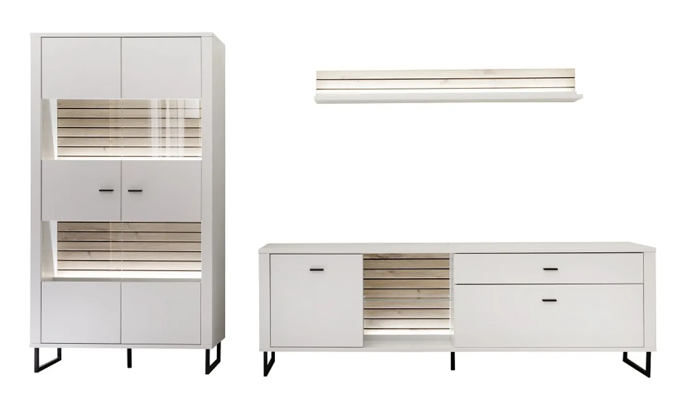 Wohnkombination Louisiana 2 | Modern White | 3-teilig | Beleuchtung Komplettset