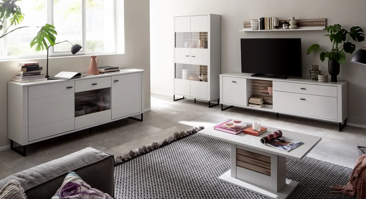 Wohnkombination Louisiana 2 | Modern White | 3-teilig | Kombi-Vitrine mit Beleuchtung