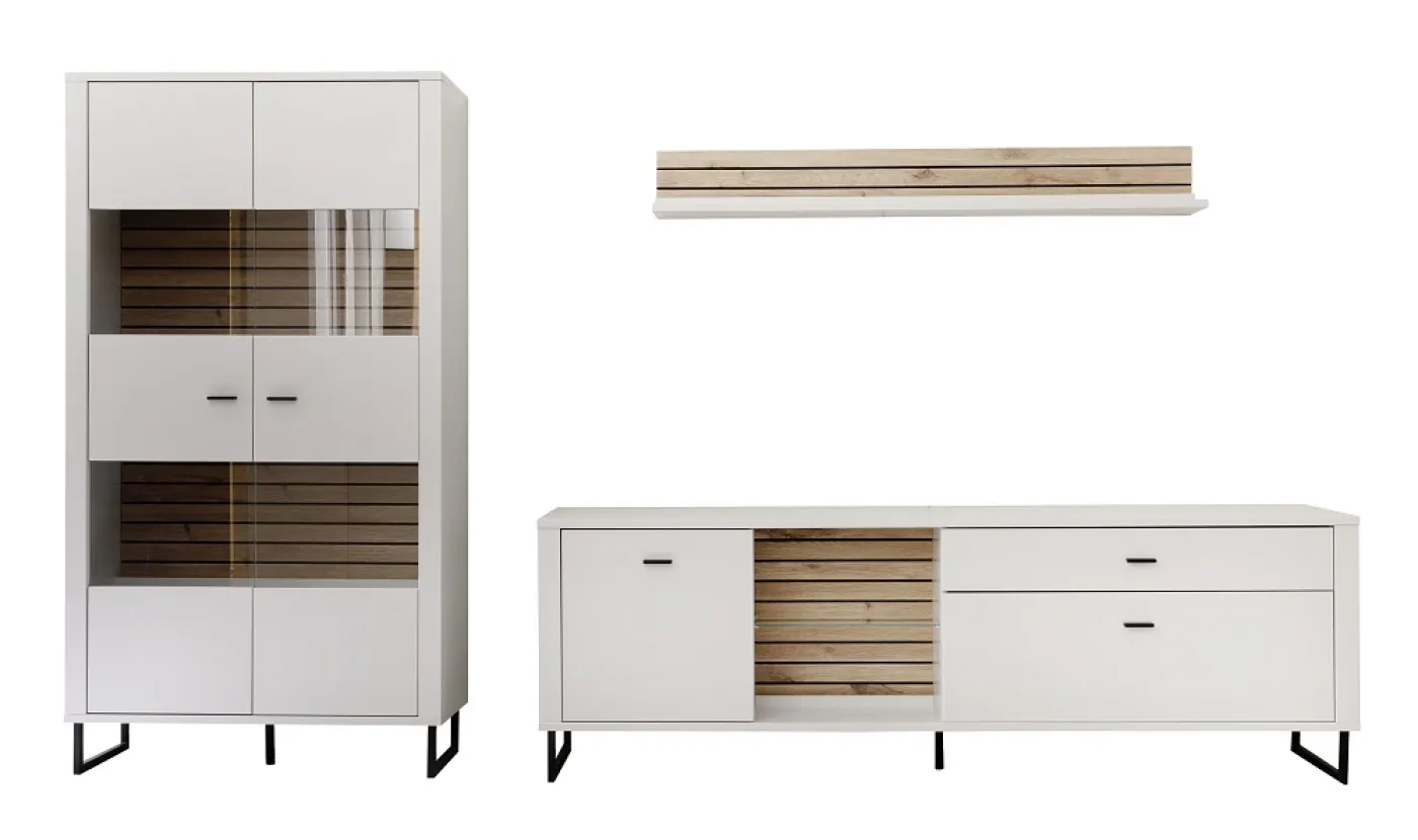 Wohnkombination Louisiana 2 | Modern White | 3-teilig | Kombi-Vitrine & Wandboard mit Beleuchtung