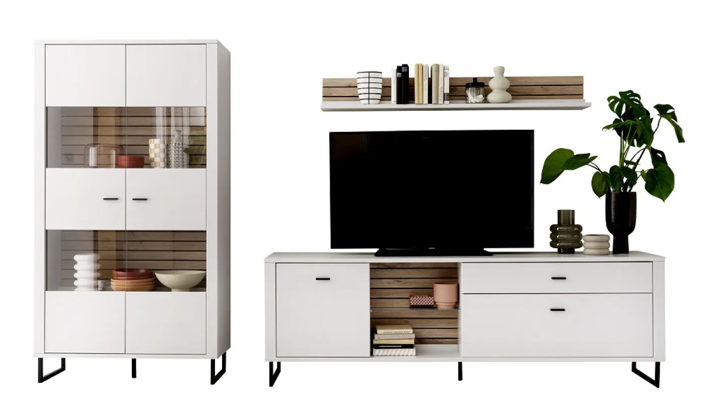 Wohnkombination Louisiana 2 | Modern White | 3-teilig | Wandboard mit Beleuchtung