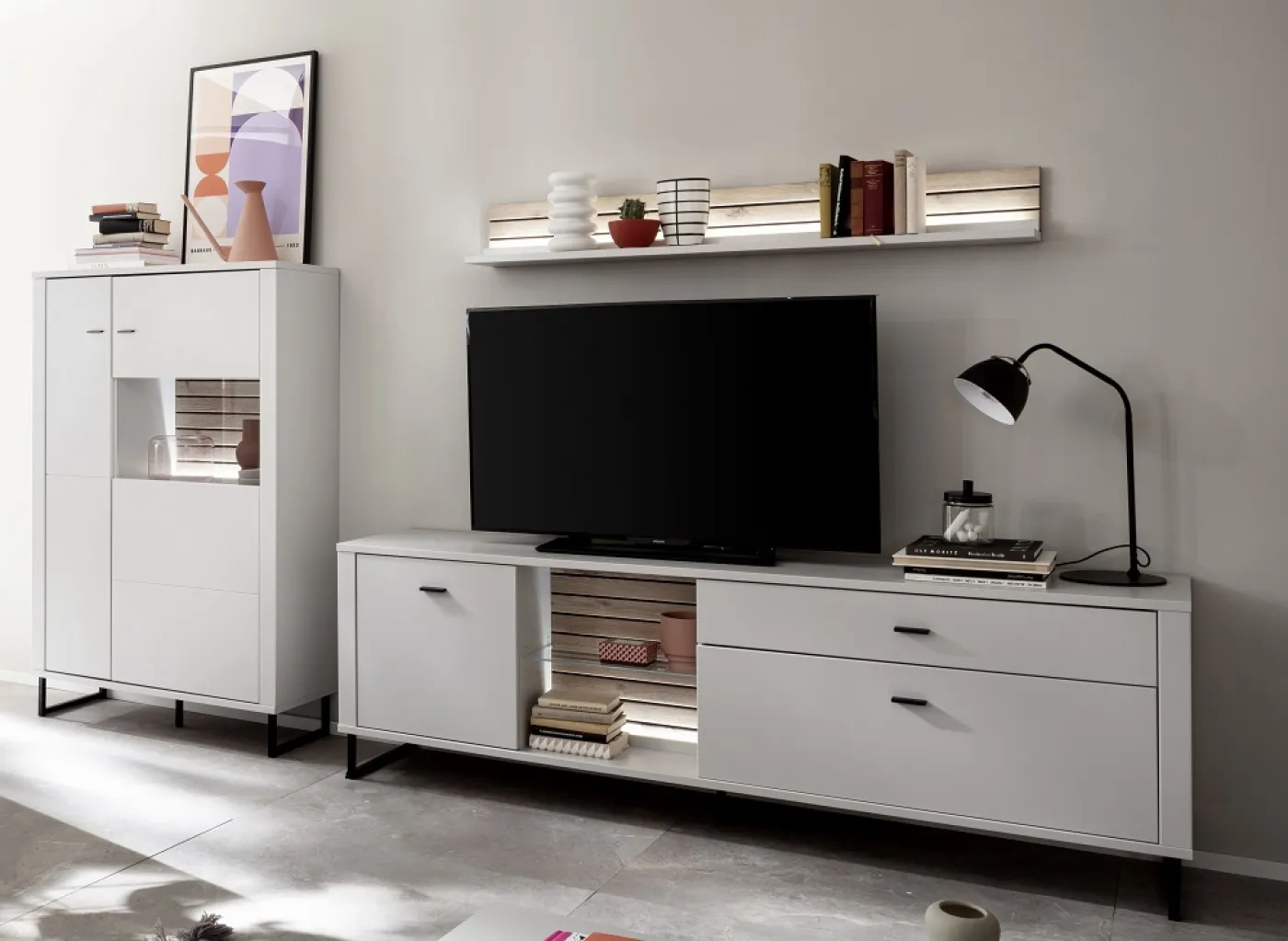 Wohnkombination Louisiana 3 | Modern White | 3-teilig | Beleuchtung Komplettset