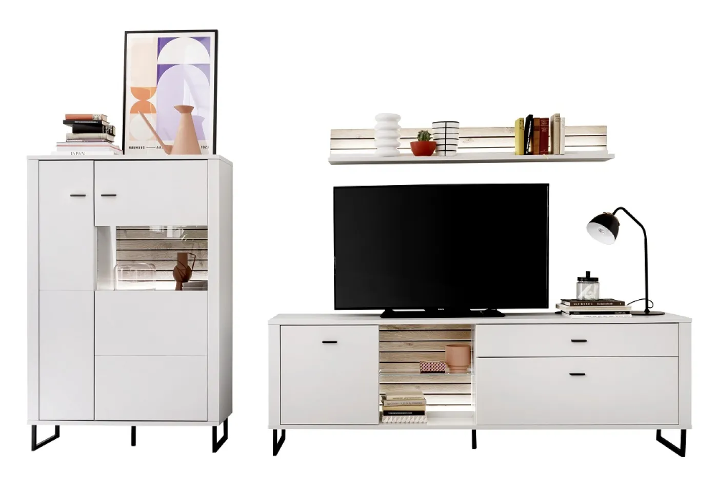 Wohnkombination Louisiana 3 | Modern White | 3-teilig | Beleuchtung Komplettset