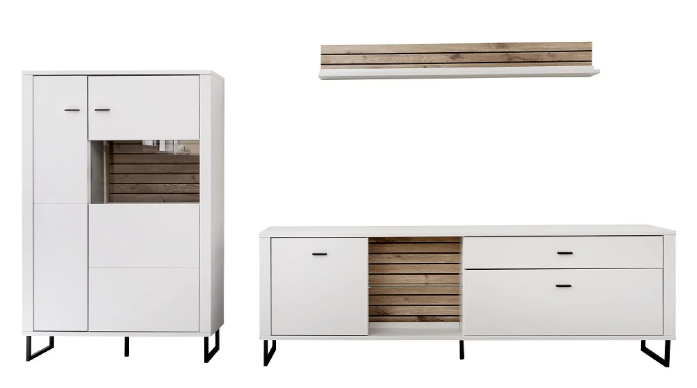 Wohnkombination Louisiana 3 | Modern White | 3-teilig | TV-Board & Wandboard mit Beleuchtung