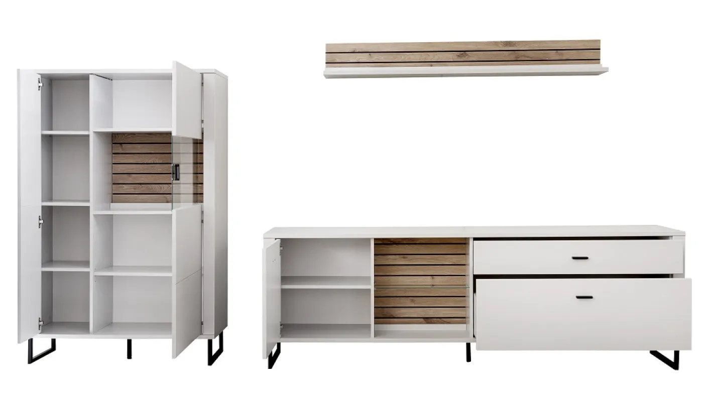 Wohnkombination Louisiana 3 | Modern White | 3-teilig | TV-Board & Wandboard mit Beleuchtung