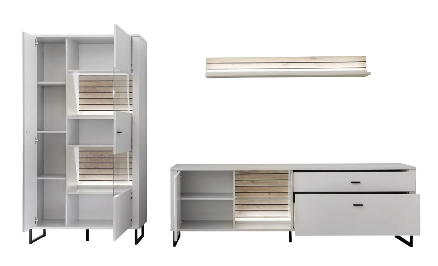 Wohnkombination Louisiana | Modern White | 3-teilig | Beleuchtung Komplettset