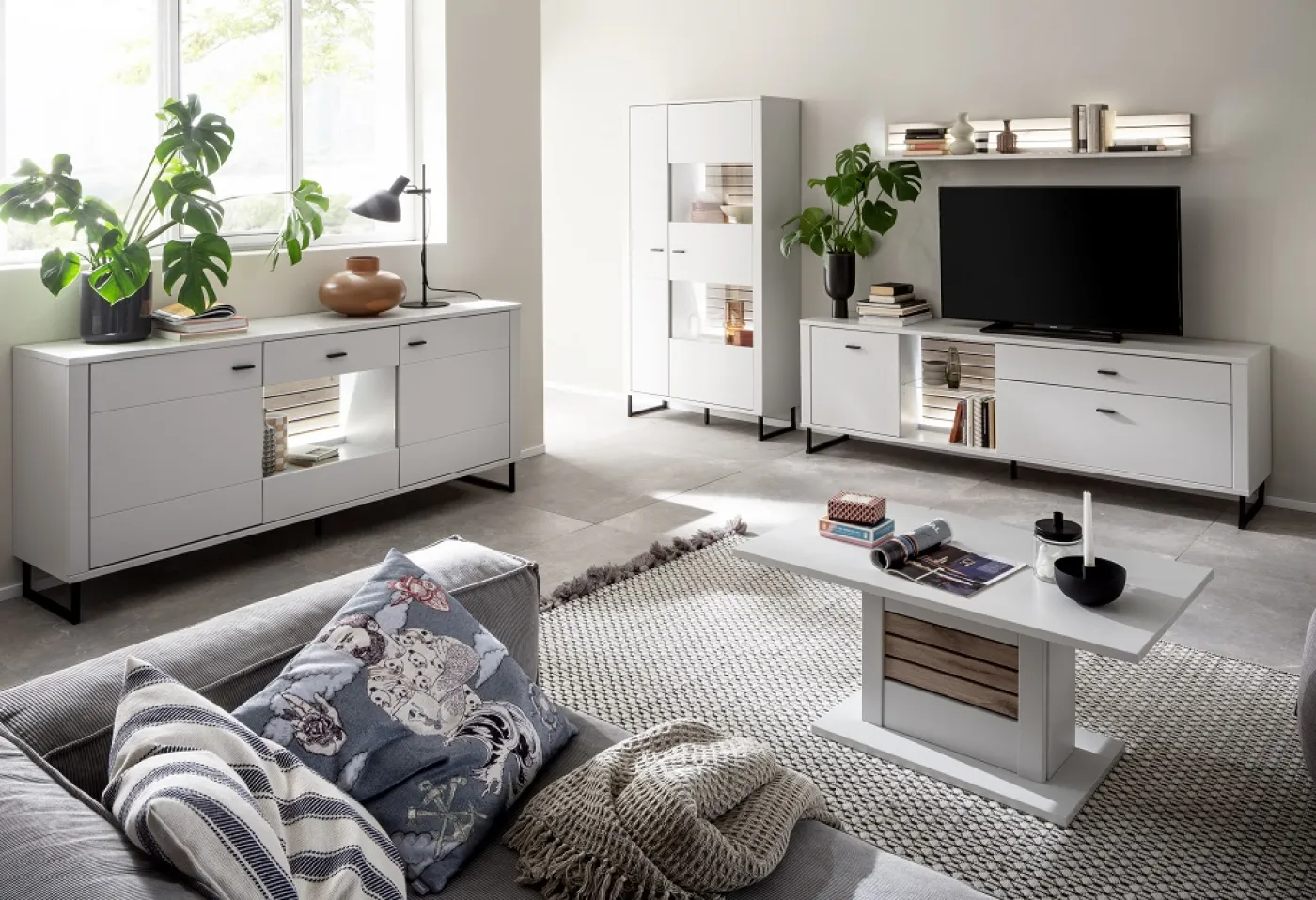 Wohnkombination Louisiana | Modern White | 3-teilig | Beleuchtung Komplettset