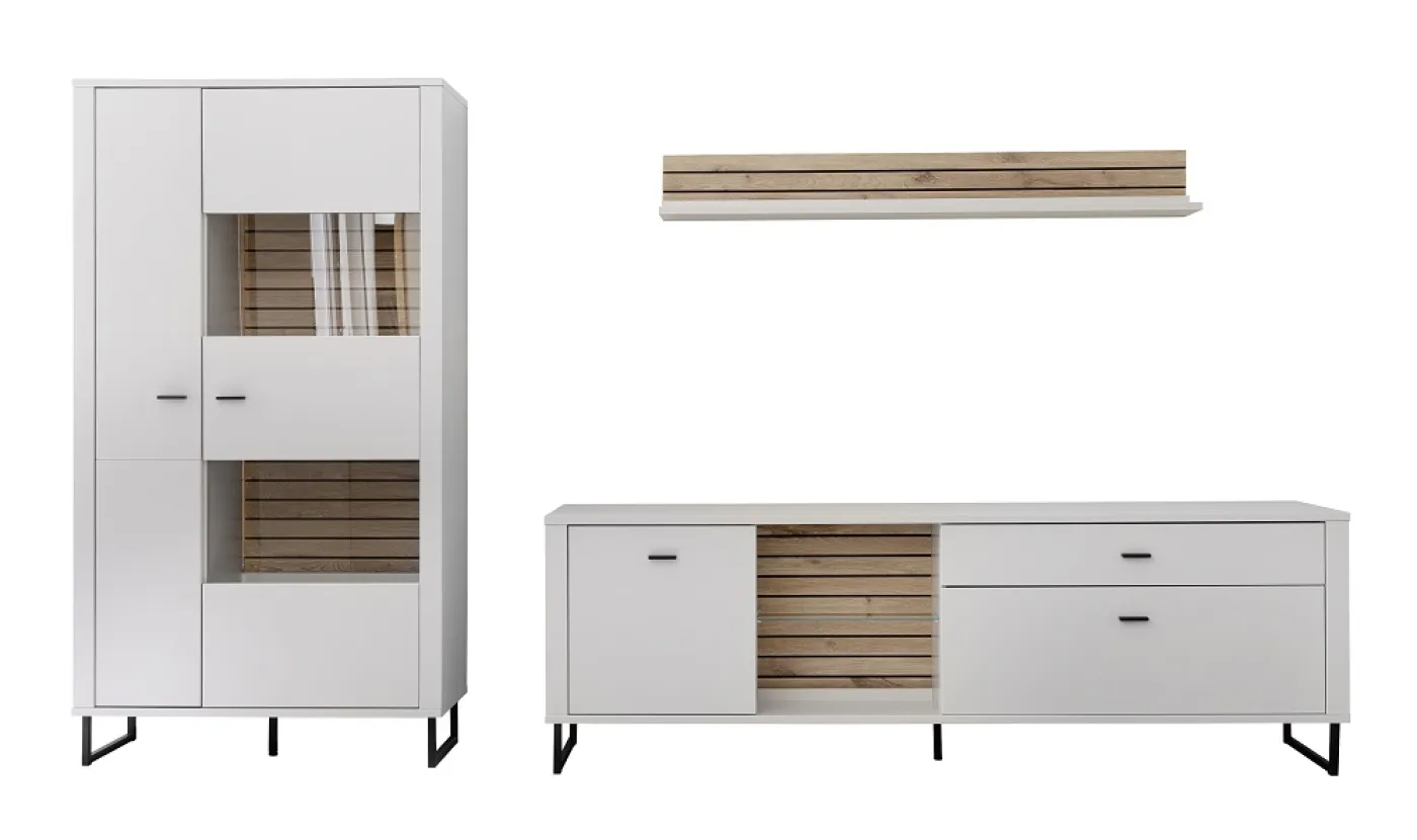 Wohnkombination Louisiana | Modern White | 3-teilig | Kombi-Vitrine mit Bandbeleuchtung
