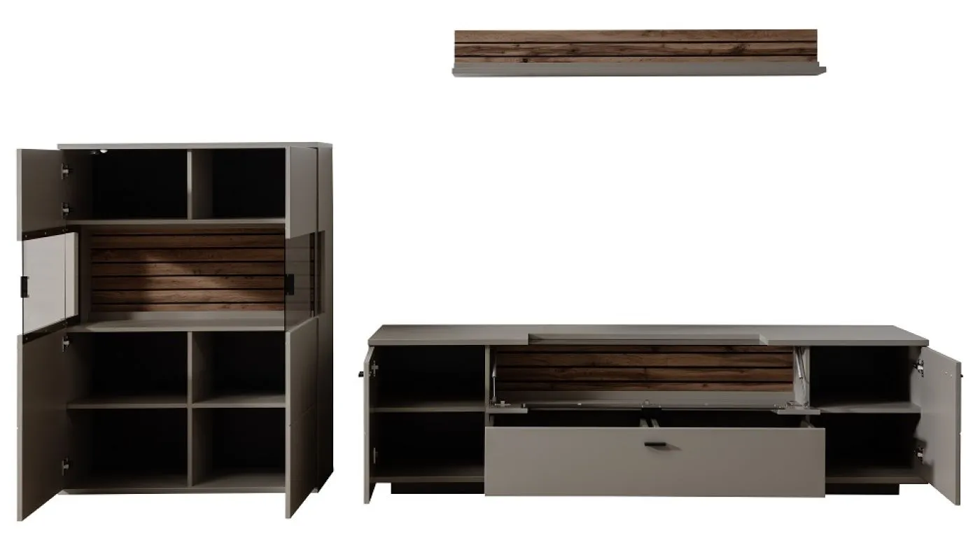 Wohnkombination Lüttich 2 | Basalt / Wotan Eiche | 3-teilig | Highboard & TV-Board mit Bandbeleuchtung